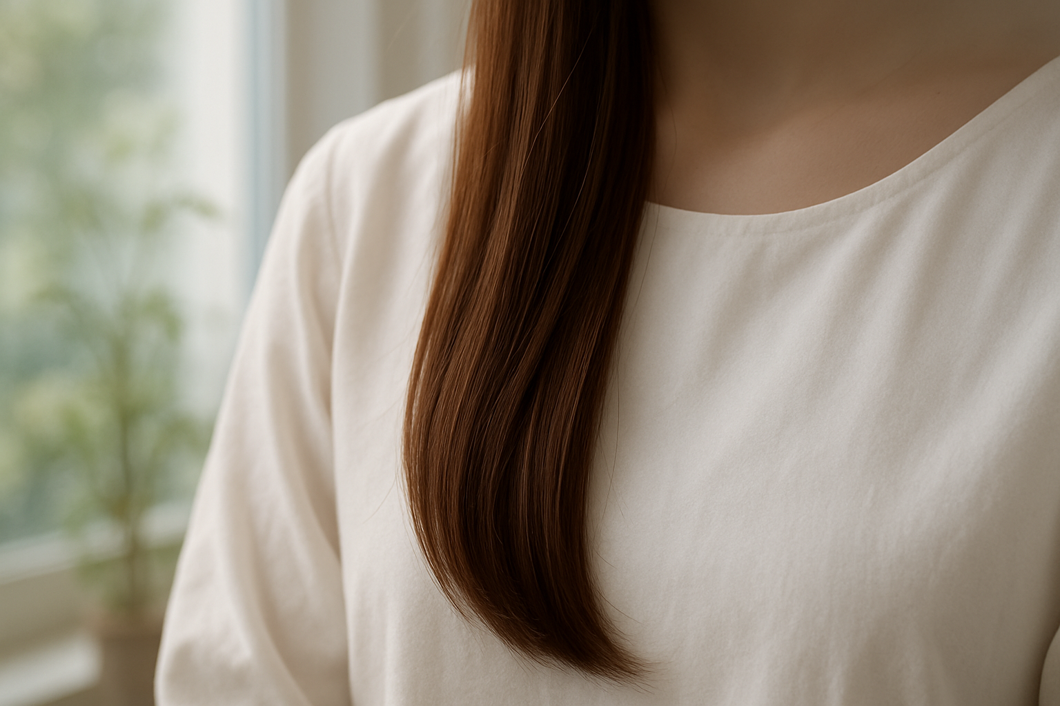 Detail einer glatten braunen Haarstraehne mit leichtem Glanz